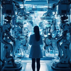 Female technician managing an array of robotic machines in a highly automated factory