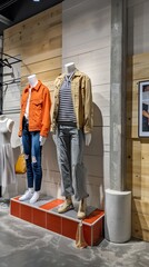 Poster - Two mannequins are dressed in trendy outfits against a stylish backdrop in a contemporary retail space