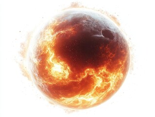 Wall Mural - mesmerizing sphere of swirling flames and sparks vibrant orange and red hues against stark white background perfect for vfx compositing