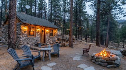 Wall Mural - Cozy cabin in the woods with a fire pit and chairs.