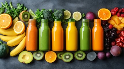 Wall Mural - A row of fruit and vegetable juices are lined up on a counter. The juices are in clear bottles and include a variety of fruits and vegetables such as oranges, bananas, and broccoli