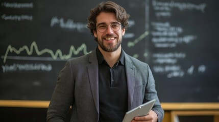 Wall Mural - A man in a suit and glasses is smiling and holding a tablet. He is standing in front of a blackboard with various graphs and numbers on it. Concept of professionalism and confidence