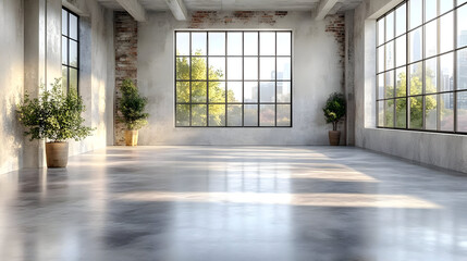 Wall Mural - Spacious, modern interior with large windows and greenery.