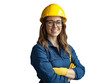 © Omid - confident female engineer technician smiling in safety helmet and workwear