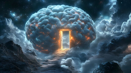 Wall Mural - Surreal depiction of a brain as a portal in a cosmic landscape.