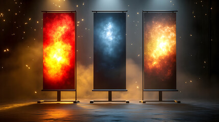 Wall Mural - Three banners displaying fiery and cosmic abstract designs.