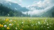 © client - A vibrant wildflower meadow in full bloom, set against a backdrop of majestic snow-capped mountains. The serene and picturesque scene captures the beauty of nature and the tranquility of the alpine la