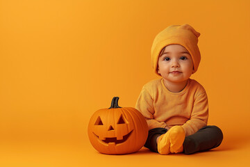 Canvas Print - Child near Jack-O-Lantern on plain orange background with copy space