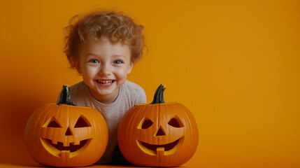 Canvas Print - Child near Jack-O-Lantern on plain orange background with copy space