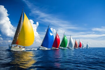 Wall Mural - Sailboats with bright, colorful sails compete energetically on the ocean during a lively regatta under a clear blue sky