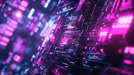 Poster - Abstract close-up of intricate circuit patterns illuminated with vibrant pink and blue lights in a futuristic setting