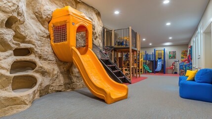 Indoor playground with a climbing wall, a slide, and a play structure.