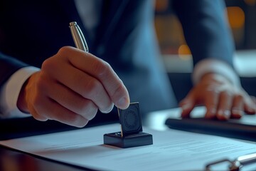 A man is writing on a piece of paper with a pen