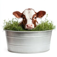 Wall Mural - Isolated white, transparent background of a baby cow in a tub