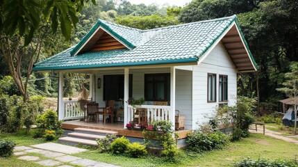 Poster - Small white wooden cottage with green tile roof, porch, and surrounding greenery.