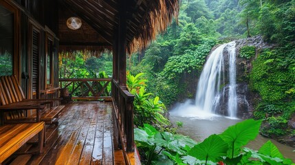 Wall Mural - Wooden porch with a view of a waterfall in a tropical jungle.