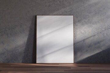 Fototapete - Mockup rectangle frame in loft interior background. Empty frame with natural sunlight on white wall.