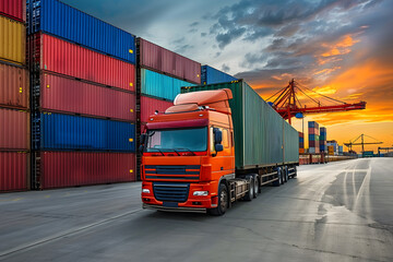 Container truck in ship port for business Logistics import and export.