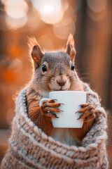 Wall Mural - a squirrel with a scarf and a coffee in his hands in front of a autumn fall background