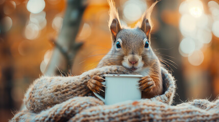 Wall Mural - a squirrel with a scarf and a coffee in his hands in front of a autumn fall background