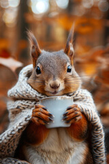 Wall Mural - a squirrel with a scarf and a coffee in his hands in front of a autumn fall background