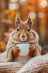 Wall Mural - a squirrel with a scarf and a coffee in his hands in front of a autumn fall background