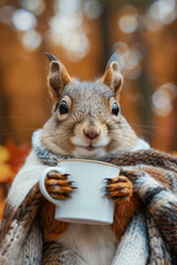 Wall Mural - a squirrel with a scarf and a coffee in his hands in front of a autumn fall background