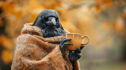 Wall Mural - a black crow with a scarf and a coffee in his hands in front of a autumn fall background with brown leaves and warm colors