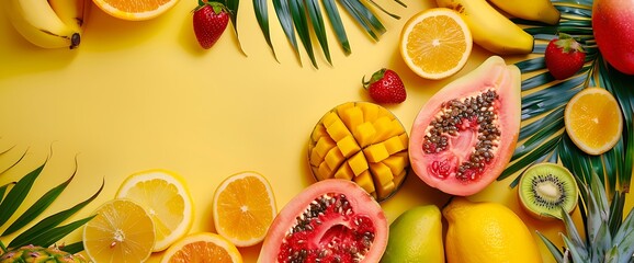 Tropical fruits and palm leaves on a yellow background.