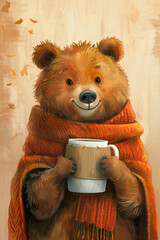 Wall Mural - a bear with a scarf and a coffee in his hands in front of a autumn fall background