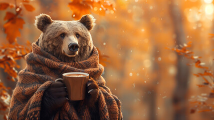 a bear with a scarf and a coffee in his hands in front of a autumn fall background