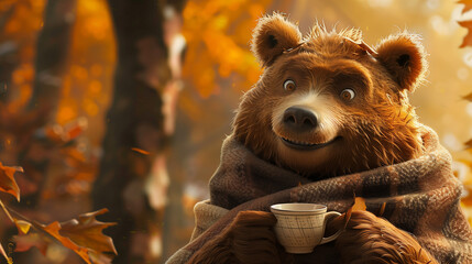 Wall Mural - a bear with a scarf and a coffee in his hands in front of a autumn fall background