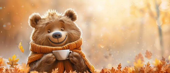 Wall Mural - a bear with a scarf and a coffee in his hands in front of a autumn fall background