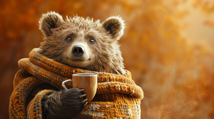 Wall Mural - a bear with a scarf and a coffee in his hands in front of a autumn fall background