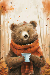 Wall Mural - a bear with a scarf and a coffee in his hands in front of a autumn fall background