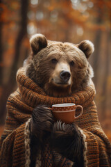Wall Mural - a bear with a scarf and a coffee in his hands in front of a autumn fall background