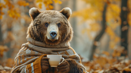 Wall Mural - a bear with a scarf and a coffee in his hands in front of a autumn fall background