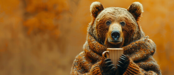 Wall Mural - a bear with a scarf and a coffee in his hands in front of a autumn fall background