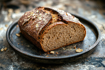 Crusty Whole Grain Bread Loaf on a Rustic Metal Surface Oil Painting