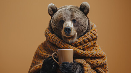 Wall Mural - a bear with a scarf and a coffee in his hands in front of a autumn fall background