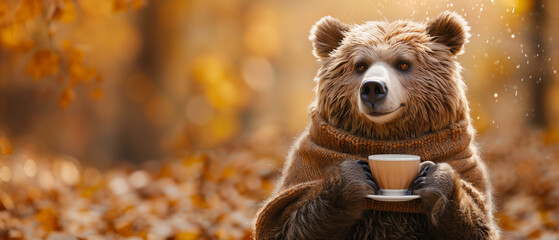 Wall Mural - a bear with a scarf and a coffee in his hands in front of a autumn fall background