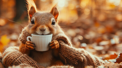 Wall Mural - a squirrel with a scarf and a coffee in his hands in front of a autumn fall background