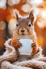 Wall Mural - a squirrel with a scarf and a coffee in his hands in front of a autumn fall background