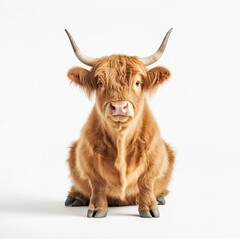 Wall Mural - Sitting Scottish highland cow isolated on white