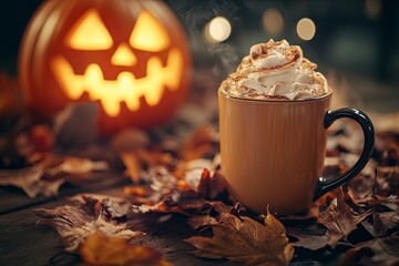 Wall Mural - A pumpkin with a scary face is next to a cup of coffee