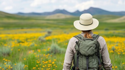 A lone hiker enjoys a vibrant field of yellow flowers against a scenic mountain backdrop, perfect for nature exploration themes.