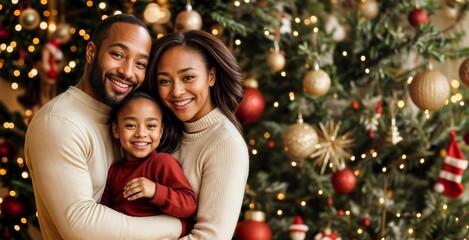 Christmas black family. Happy african american people with child at home with tree and gift. Mother, father and girl banner. Merry Christmas, New Year portrait. Black family together. Xmas celebrating