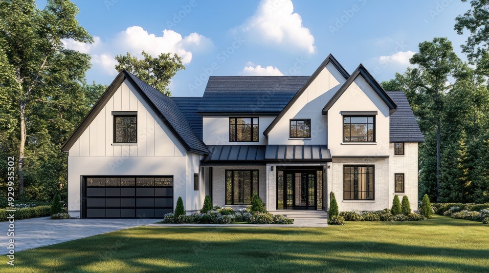 Modern white and black two-story house with a front yard, garage door ...
