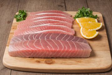 Pieces of fresh raw salmon steaks, ready to be cooked in kitchen. Salmon fillet