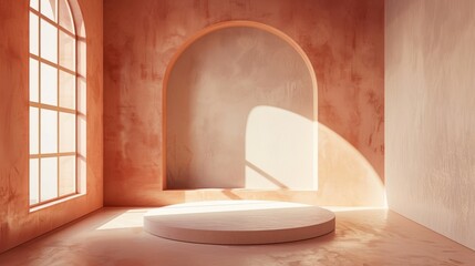 Poster - A minimalist space with a circular platform illuminated by soft morning light, showcasing warm, earthy tones and elegant architectural curves